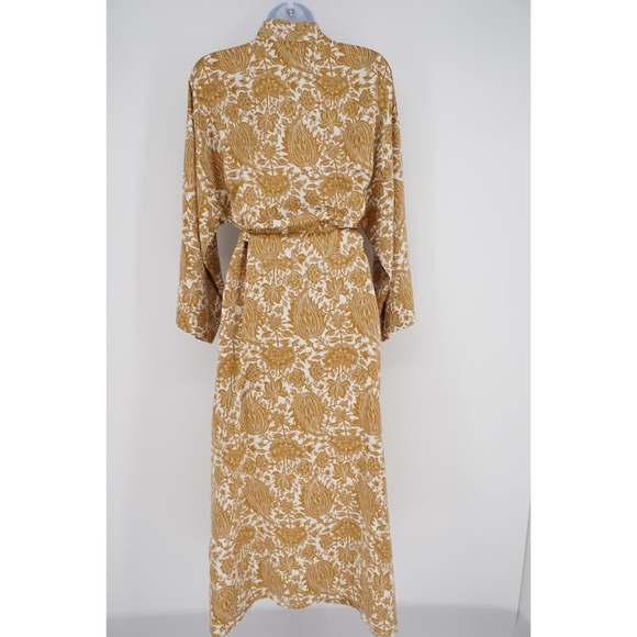 Natori Womens Satin Robe Sz L Long Floral Belted Full Classic Gold White Pockets - Picture 2 of 16